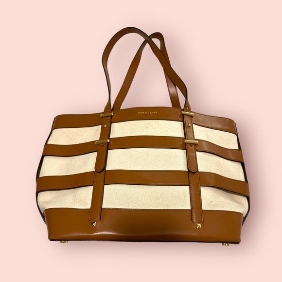 Michael Kors Marie‎ Medium Cage Tote Bag Canvas Leather Stripes - Picture 1 of 10